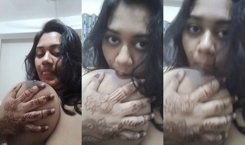 Horny Indian Girl Sucking Her Boobs